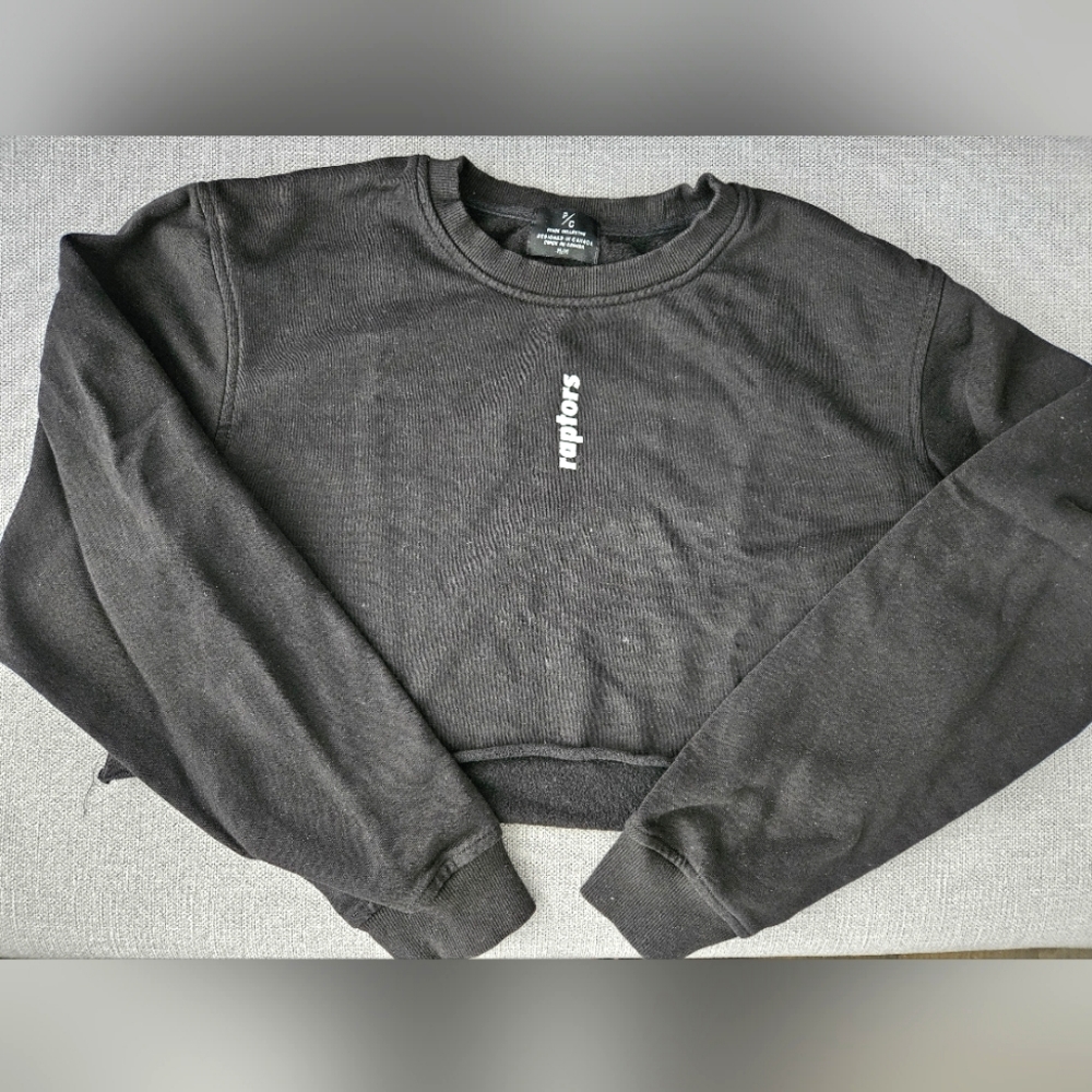 Peace Collective Black Cropped Sweatshirt with Red Embroidered Raptors Logo, Med